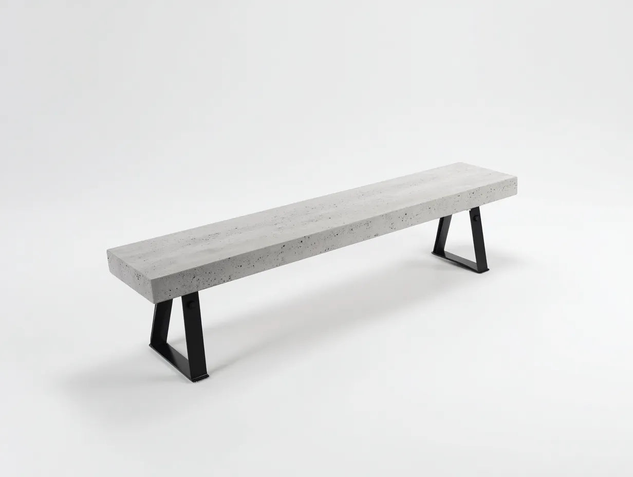 Panca da esterno 180×45×45 cm in cemento grigio con struttura nera stile moderno
