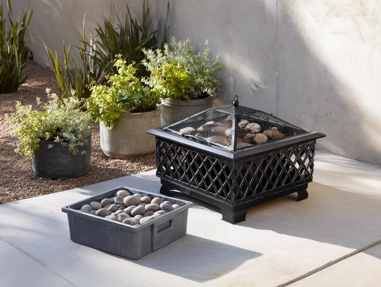 Stufa da esterno in metallo 76×76×65 cm - nera - con parascintille decorativo