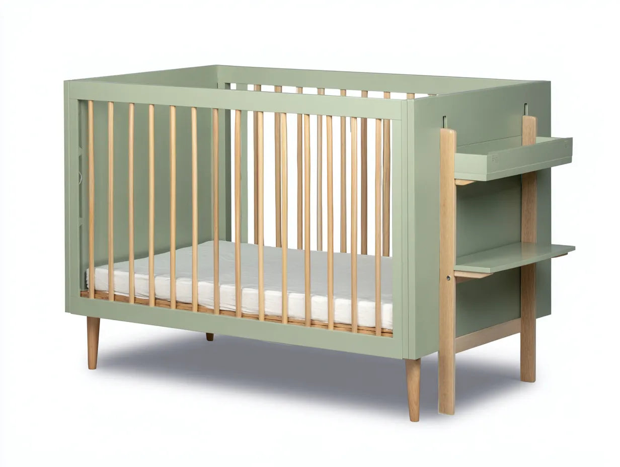 Culla per Camera Da Letto in legno 124×65×90 cm verde salvia - con mensola laterale