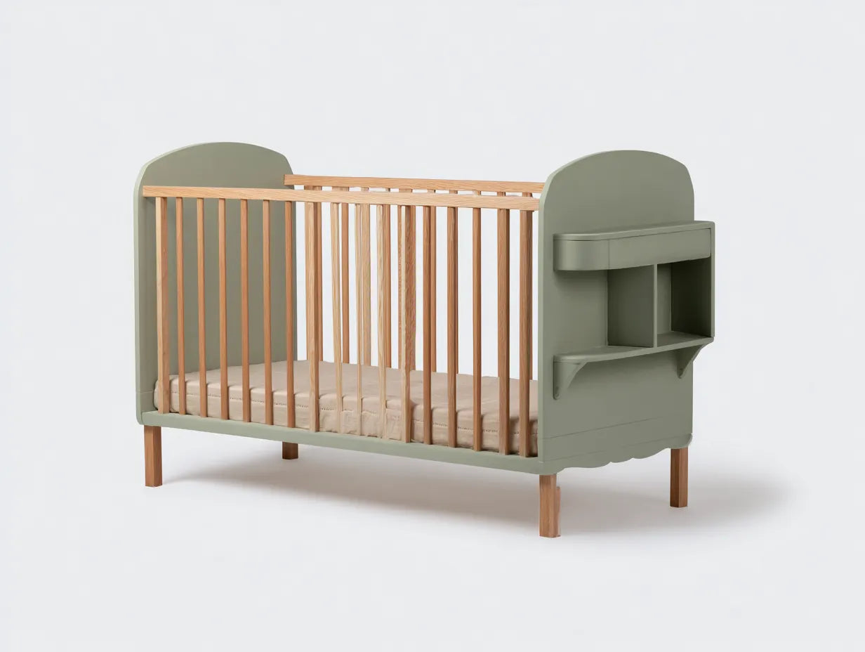 Culla per Camera Da Letto in legno 125×66×92 cm verde salvia - con ripiano laterale