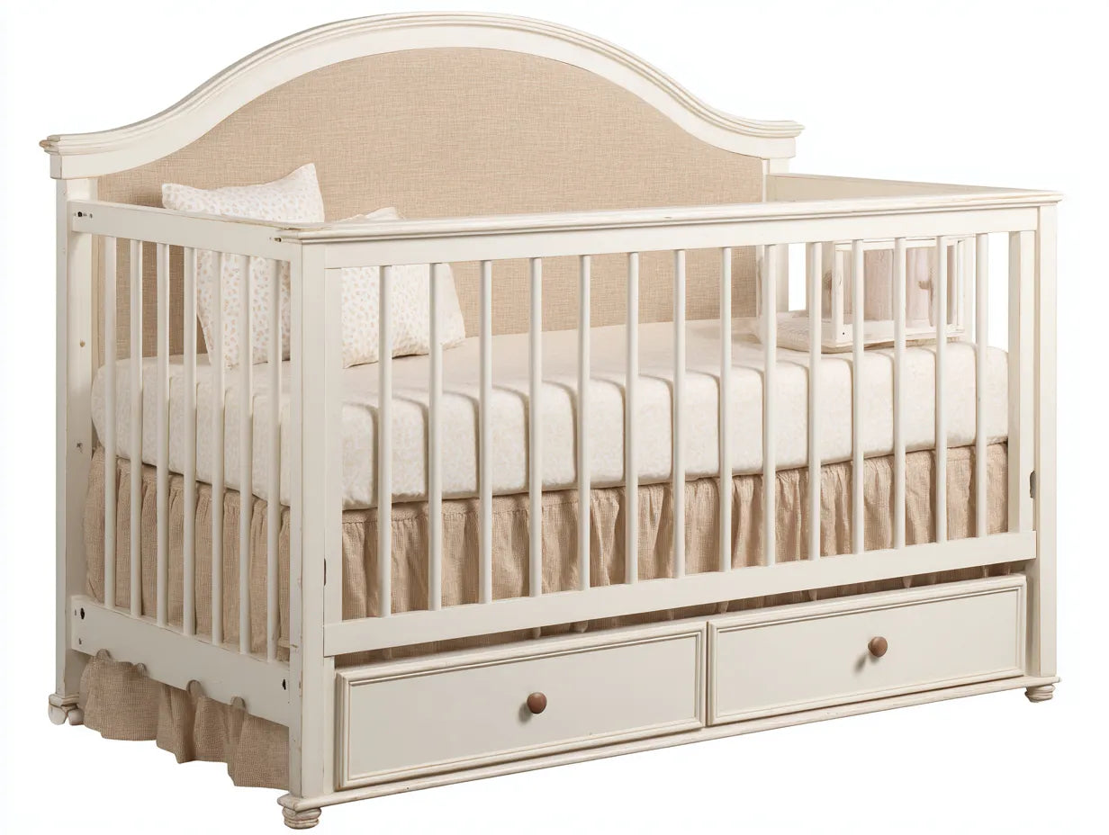 Culla in legno 145×78×118 cm - bianco beige - testiera arcuata con vano contenitore