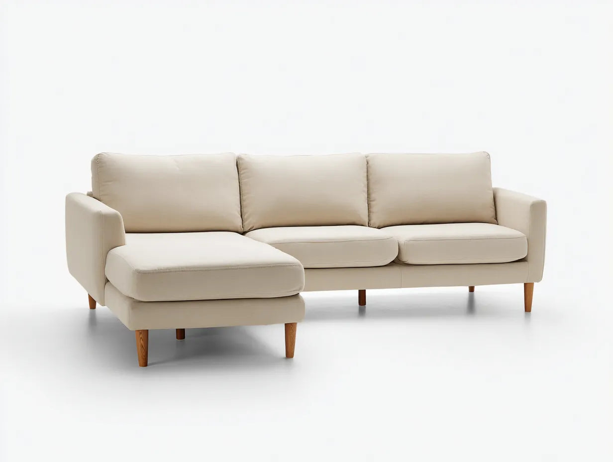 Divano Soggiorno angolare in tessuto 265×160×86 cm - beige/legno naturale - design nordico con chaise longue